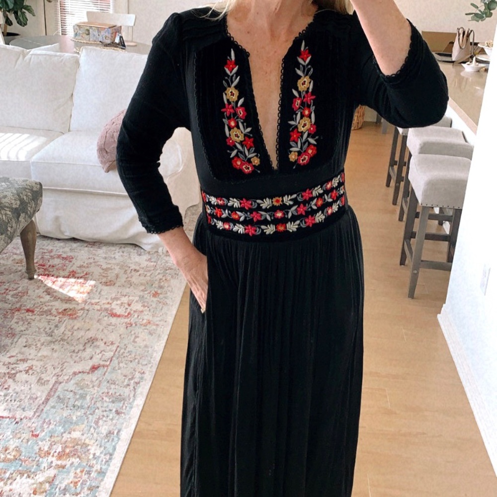 Black Embroidered Maxi Dress with Floral Waistband